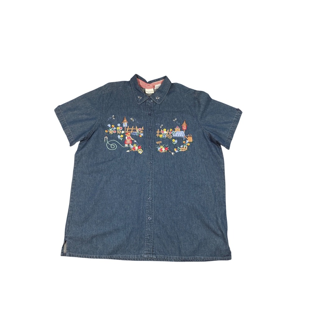 Bobbie Brooks Woman Embroidered Denim Shirt Cottagecore Short Sleeve Top